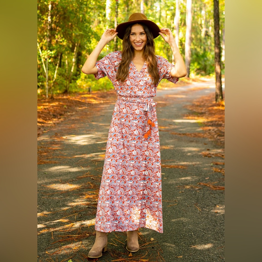 Cabana Life Savannah Faux-Wrap Tassel Belted Maxi Dress Size Medium UPF 50